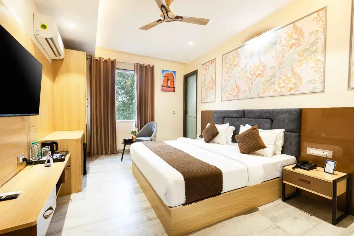 Luxury hotel room interior with modern design and comfortable bed